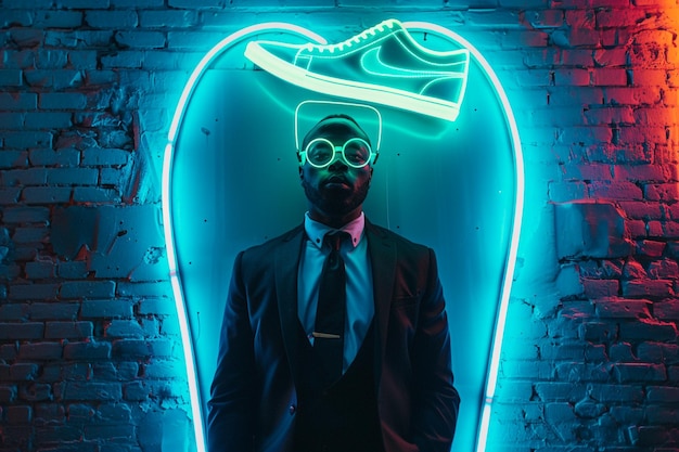 Photo high end fashion handsome fashion model in trendy suit with neon teal sneaker mask and neon yellow lifestyle mens portrait fashion male background