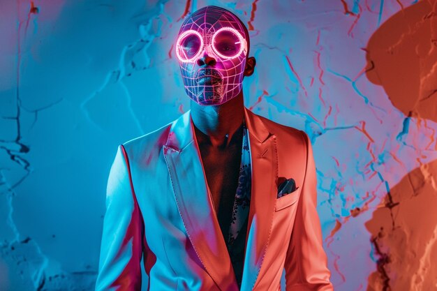 Photo high end mens fashion fashion model in casual suit with neon aqua sneaker mask against neon coral male background lifestyle portrait fashion