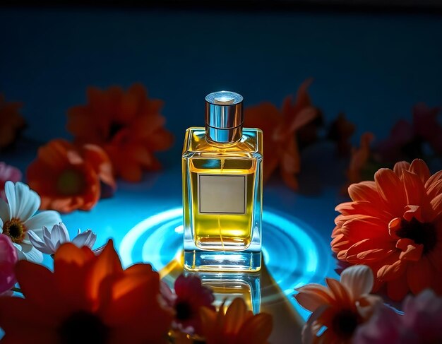 Photo high end perfume bottle photography with studio lighting and floral beauty