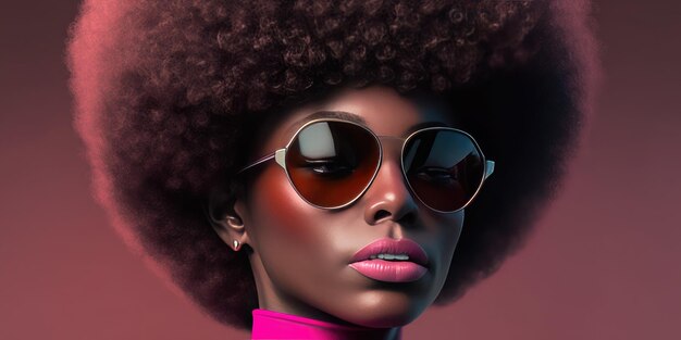 High fahion model with big hair posing Afro American woman art portrait with sunglasses