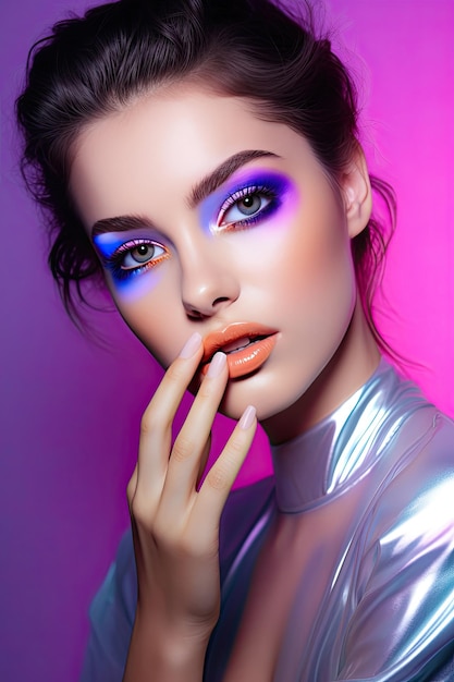 High Fashion model metallic silver lips and face woman in colorful bright neon uv blue and purple lights posing in studio beautiful girl glowing makeup colorful make up Glitter Vivid neon makeup