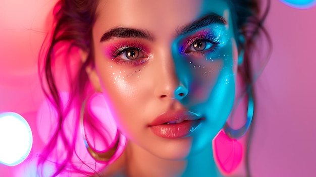 High Fashion model woman in colorful bright lights posing portrait of a beautiful girl