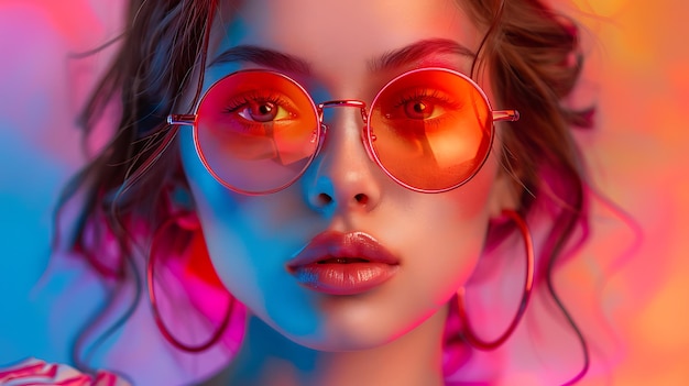 High Fashion model woman in colorful bright lights posing portrait of a beautiful girl