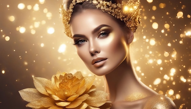 High Fashion model woman with bright golden sparkles on skin fantasy flower portrait of beautiful