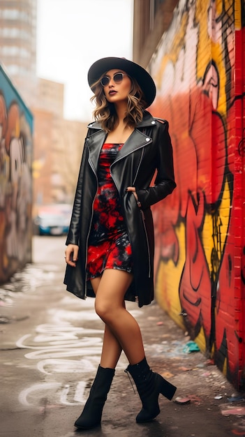 High Fashion Woman in Leather Jacket Red Dress and Chunky Boots Poses Against Urban Graffiti Backg