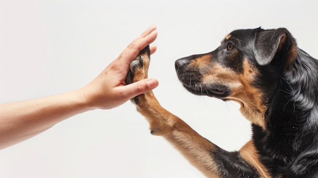 High five dog paw with human hand side view isolated on white background