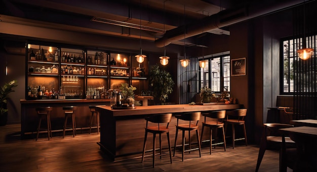 The high floor dining area of a bar with wooden chairs