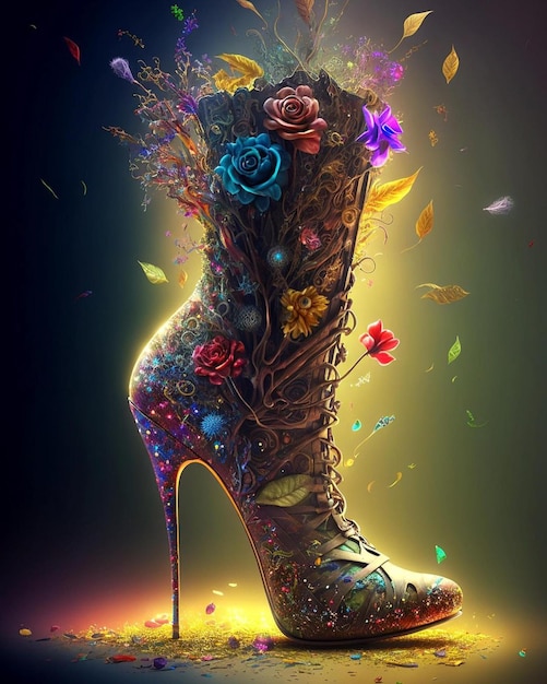 A high heeled shoe with flowers and leaves on it