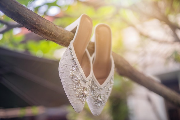 Photo high heels wedding shoes on tree wedding accessories