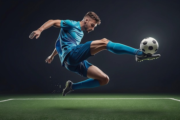 High jumping Male soccer football player training in action kicking in jump isolated Generative AI