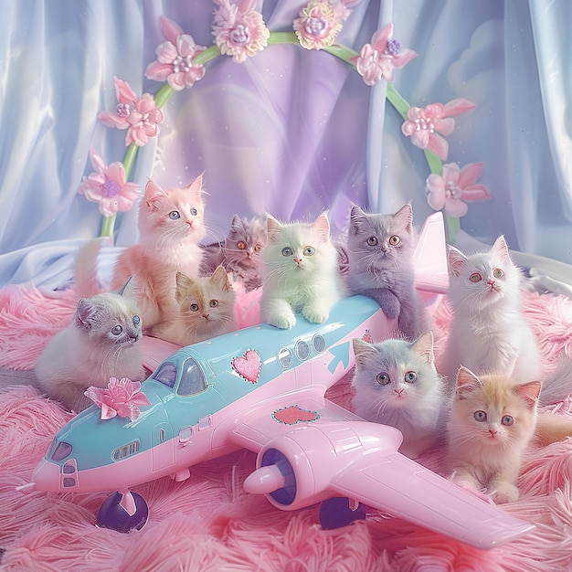 a high key surreal photograph of dozens of colourful cats sitting around a whimsical pastel toy plan