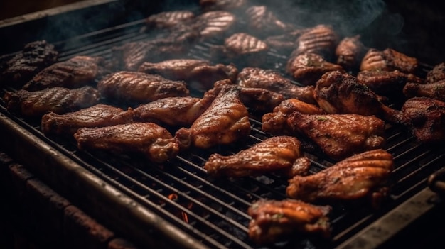 High level angle view of Delicious chicken wings and lamb barbecue on hot grill Generative AI