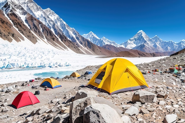 High mountain camping with tents in the Himalayas intermediate camp before climbing Generative AI