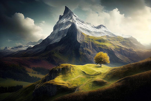 High mountain peak landscape with a green valley on foreground Generative AI