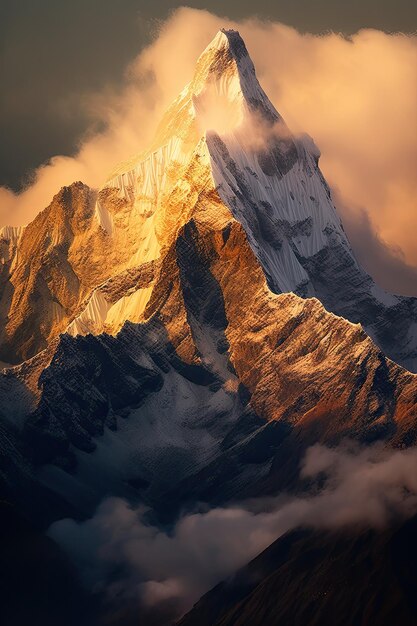 A high mountain peak shrouded in clouds at sunrise