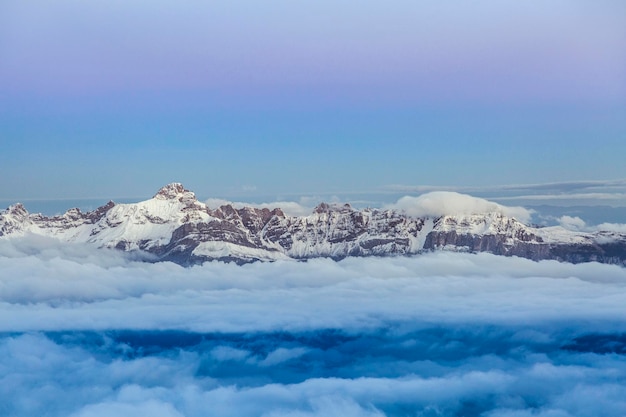 High mountain range during sunrise in the French Alps