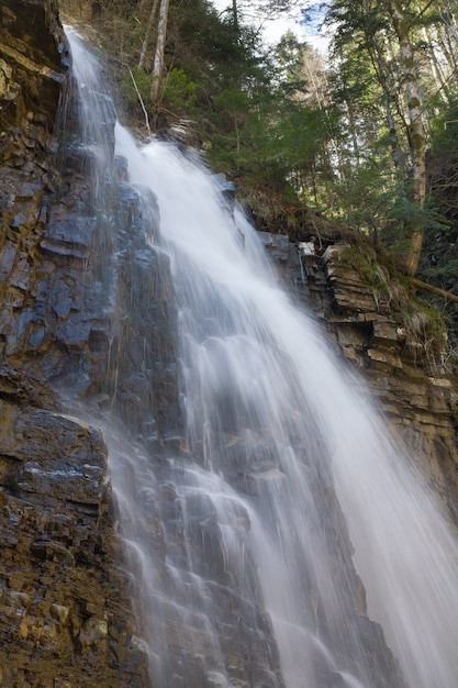 High mountain waterfall in dark wild Carpathian forest  (long exposure shooting)