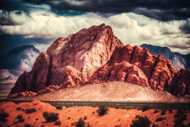 High mountain with red rock formations against cloudy sky created with generative ai