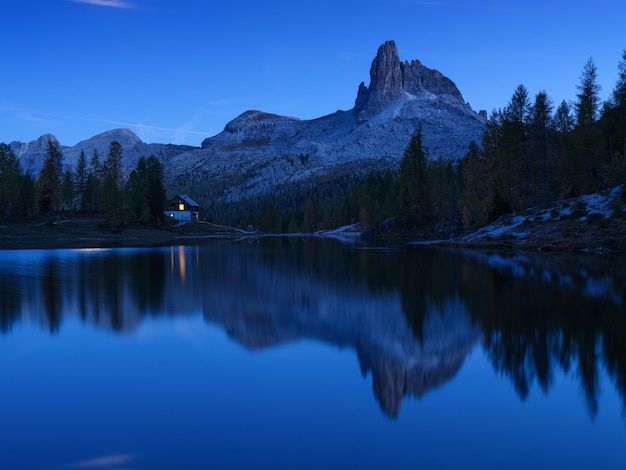 High mountains and reflection on the surface of the lake Lago Federa Dolomite Alps Italy Landscape at the night Photo in high resolution