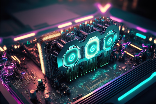 Photo high-performance graphics card with cyberpunk coolers, motherboard background, generative ai