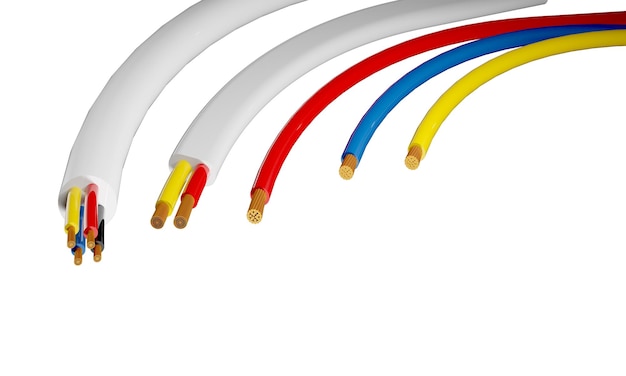 High power cable 3d render colorful realistic red blue white and yellow electricity cables