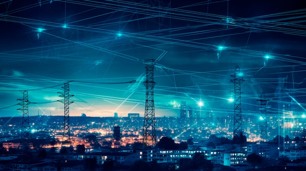 High power electricity poles in urban area connected to smart grid Energy supply distribution of energy transmitting energy energy transmission high voltage supply concept photo Generative AI