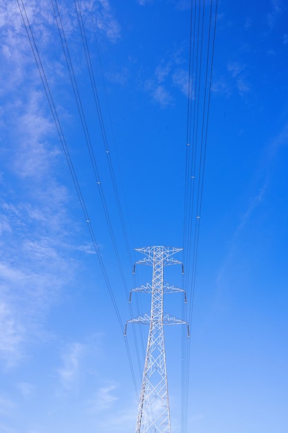 high power lines with blue sky background