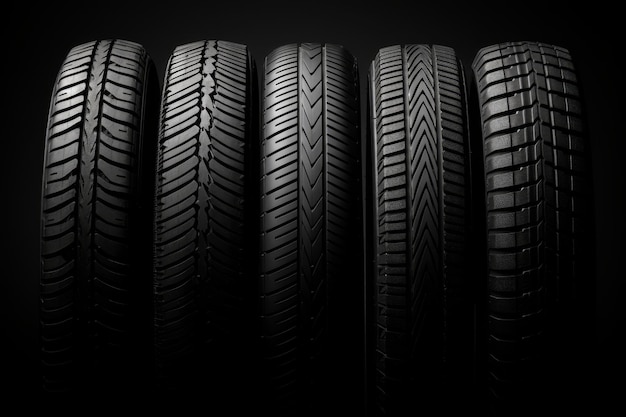 High quality car tires suitable for all weather conditions and different seasons on black background