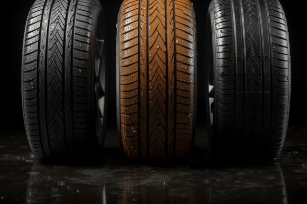 High quality car tires suitable for all weather conditions and different seasons on black background