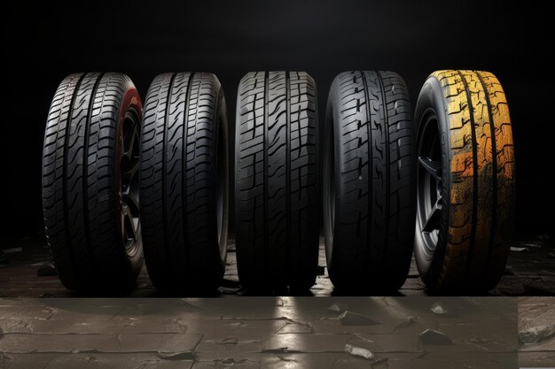 High quality car tires suitable for all weather conditions and different seasons on black background