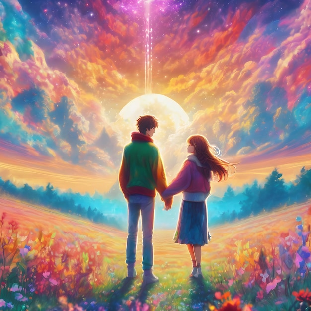 A high quality digital painting of a romantic couple standing in a colorful vibrant field