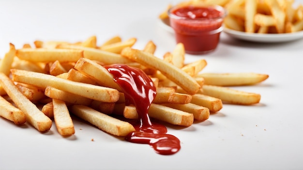 High quality image of crispy french fries with one red ketchup on a clean background