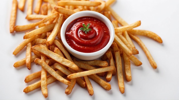 High quality image of crispy french fries with one red ketchup on a clean background