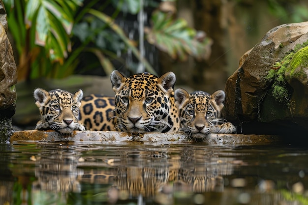 Photo high quality image of a jaguar family mother and two cubs captured at startup moment