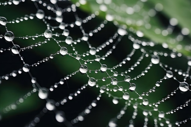 High quality photo of rainwater droplets on a cobweb with shallow depth of field and selective focus