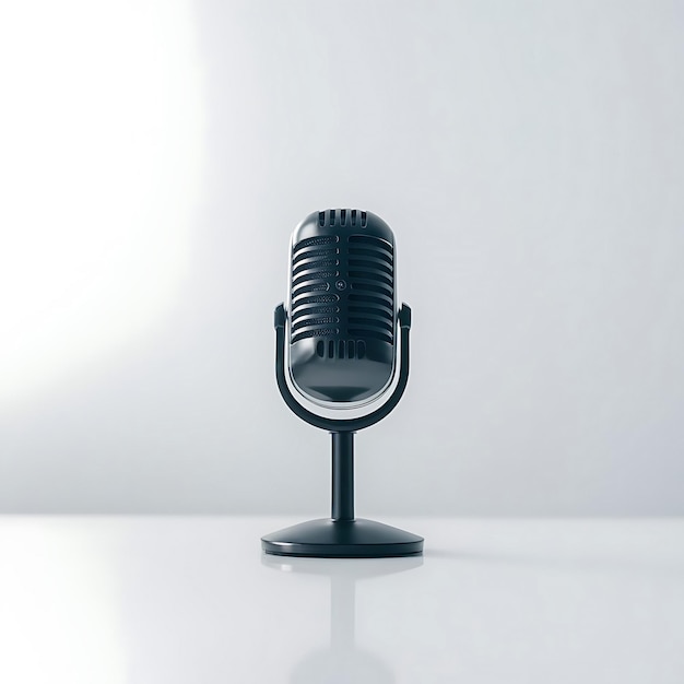 A high quality photo showcasing a sleek stand up microphone on a crisp white background