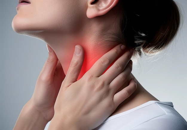 High Quality Photo of Woman Suffocating from Asthma Attack with Sore Throat and Red Spot on Neck