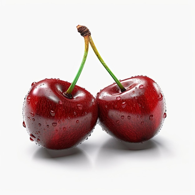 high quality realistic isolated image of two twin cherry fruits covered in water droplets