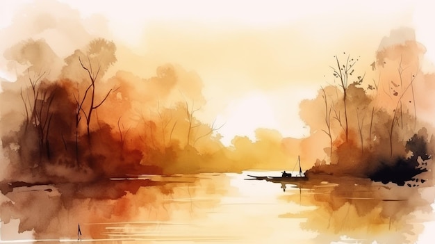 High Quality Watercolor Painting Of Riverside Silhouette On Light Background