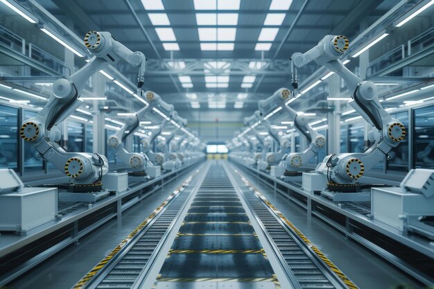 High res image ai robotic assembly line in manufacturing plant supervised by engineer