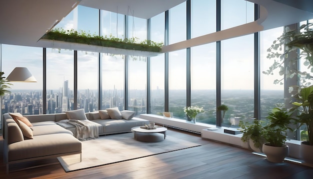 High resolution concept art of an apartment living room overlooking a large futuristic city builds