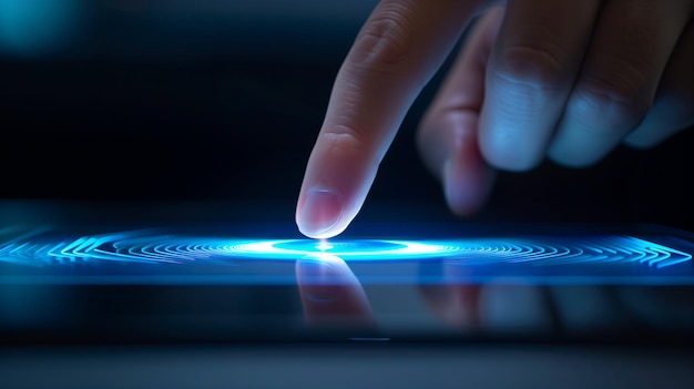 A high resolution graph of a human hand s finger pressing a biometric sensor on a glossy high tech