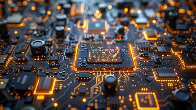 High Resolution Image of an Advanced Electronic Circuit Board with Microchips Capacitors and