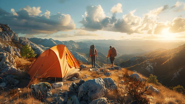 High Resolution Image of Campers Setting up Tent on Trail Outdoor Adventure and Teamwork in Backpa