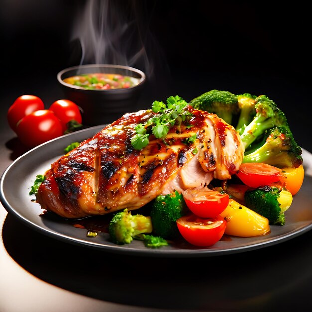 High Resolution Image of a Freshly Grilled Chicken Breast with a Side of Steamed Vegetables