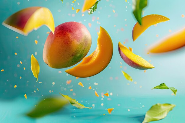 Photo high resolution image of ripe mango with falling leaves on turquoise background food levitation concept