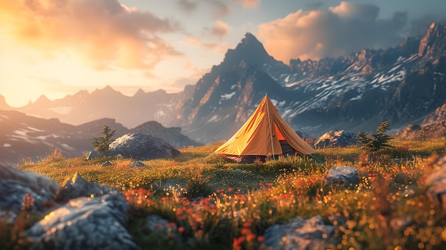 High Resolution Image of a Tent in Mountain Meadow Symbolizing Camping Simplicity and Beauty Photo