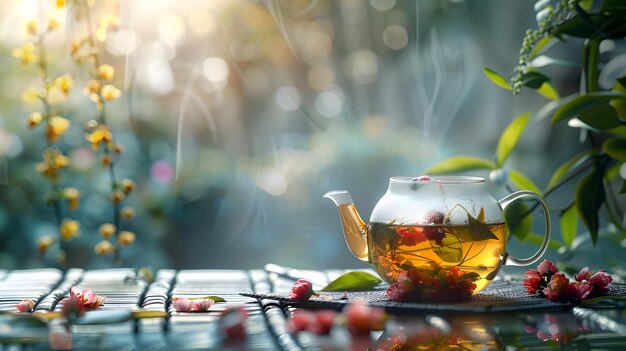 High Resolution Photo Herbal Tea Ceremony Concept with Glossy Backdrop for Detoxification and Welln