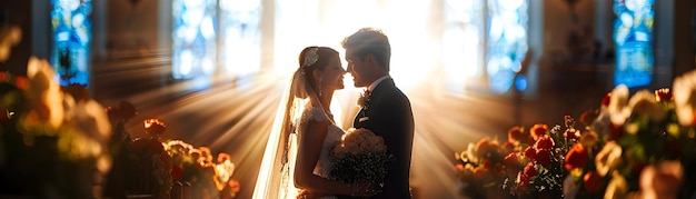 High Resolution Photo Realistic Image Bride and Groom at Altar with Glossy Backdrop Capturing Sole