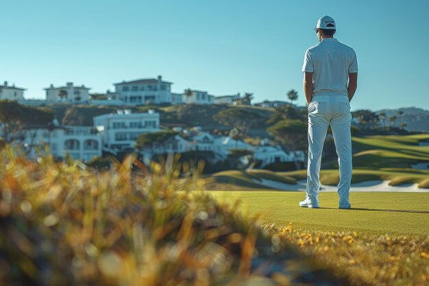 Photo high resolution uhd64k a male golfer is playing golf with determination in the playing golf on green the field grass ar 32 style raw stylize 1000 job id b44f39e093a24792978b30fd1e14c248